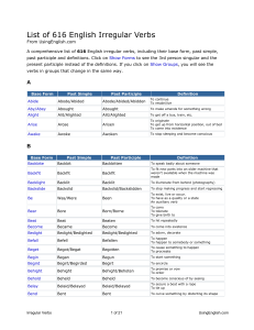 616 English Irregular Verbs List: Base, Past Simple, Participle, Definitions