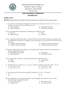 Mathematics 7 Preliminary Exam - Quadratic Equations & Roots