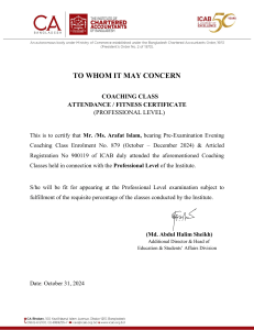 ICAB Coaching Class Attendance Certificate