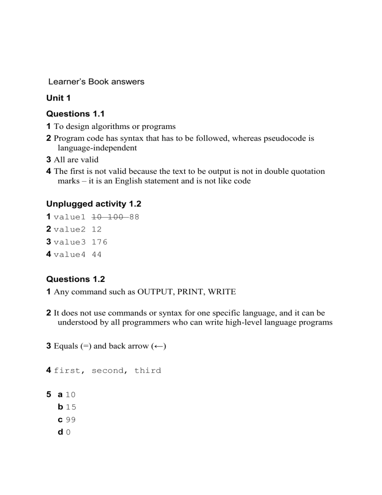 Learner's Book Answers: Algorithms & Pseudocode