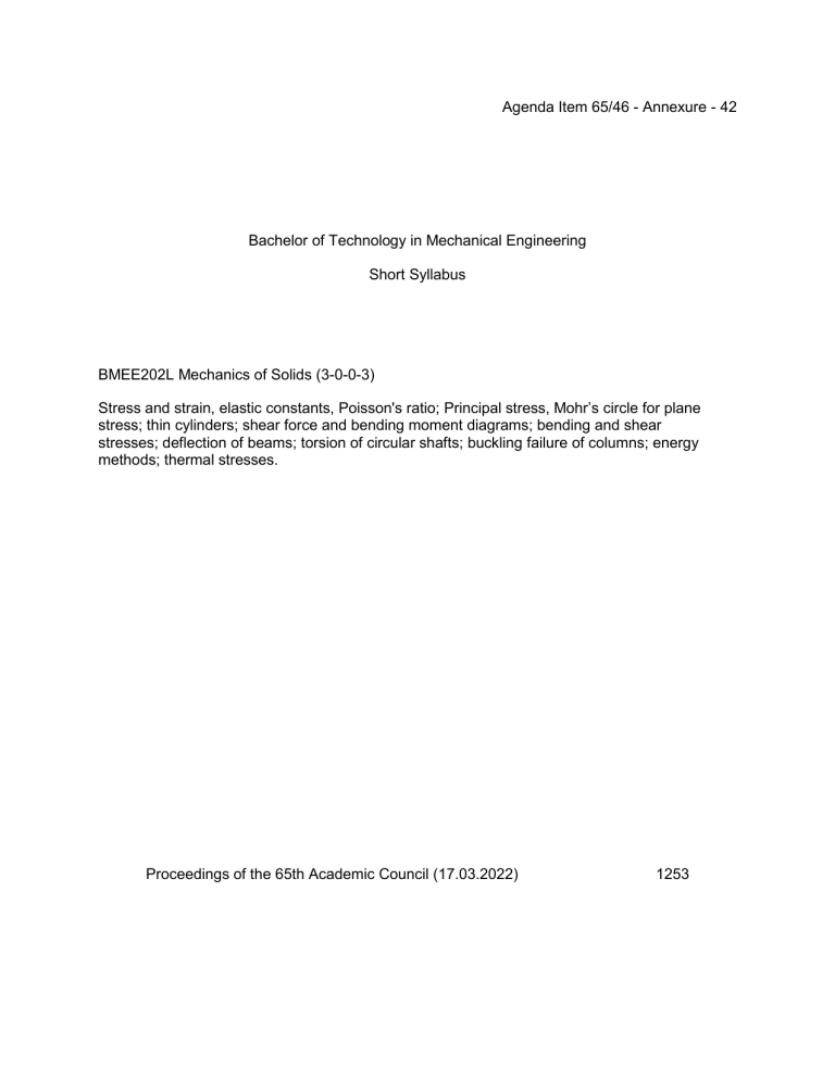 Mechanics of Solids Syllabus - B.Tech Mechanical Engineering