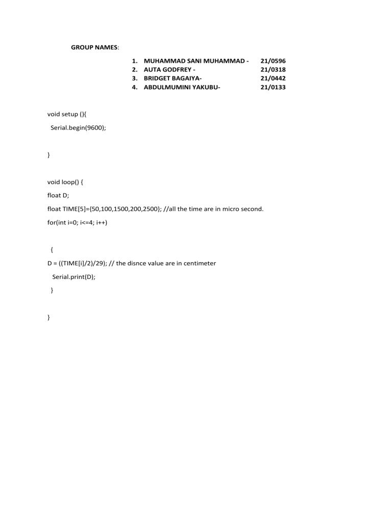 Arduino Distance Calculation Code & Group Members