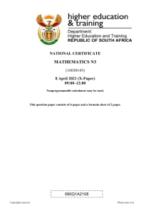 Mathematics N3 Exam Paper - April 2021