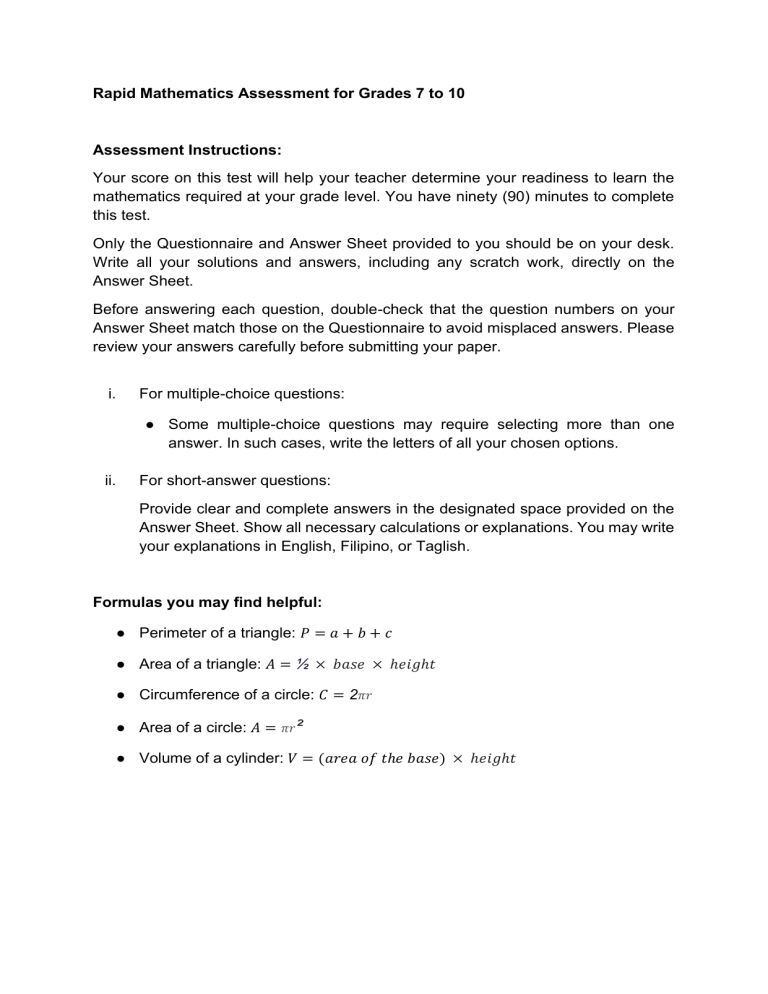 Rapid Mathematics Assessment Grades 7-10