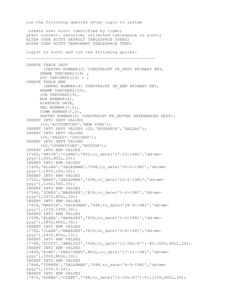 SQL Script: Create User & Sample Database Schema
