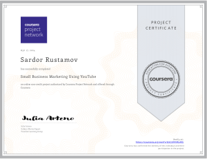 Certificado de Proyecto Coursera: Marketing para Peque&ntilde;as Empresas en YouTube
