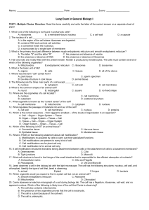General Biology I Long Exam: Cell Structure & Function