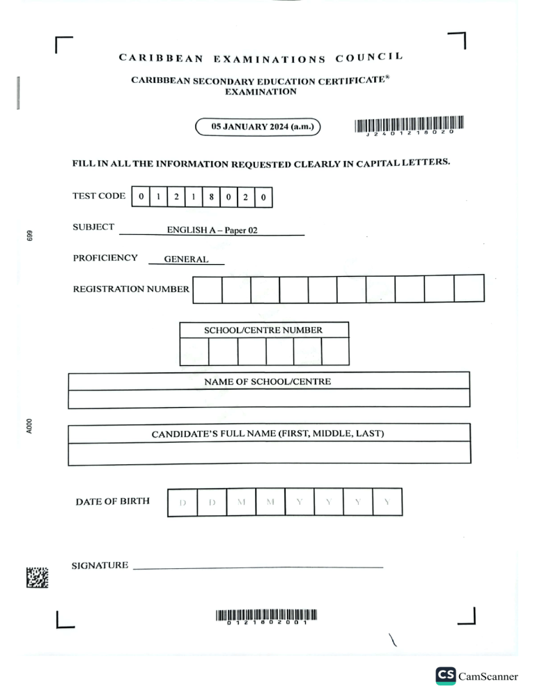 Csec Form Example CSEC English A Exam Form - Paper 02