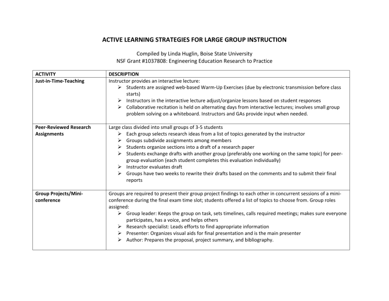 Active Learning Strategies for Large Group Instruction