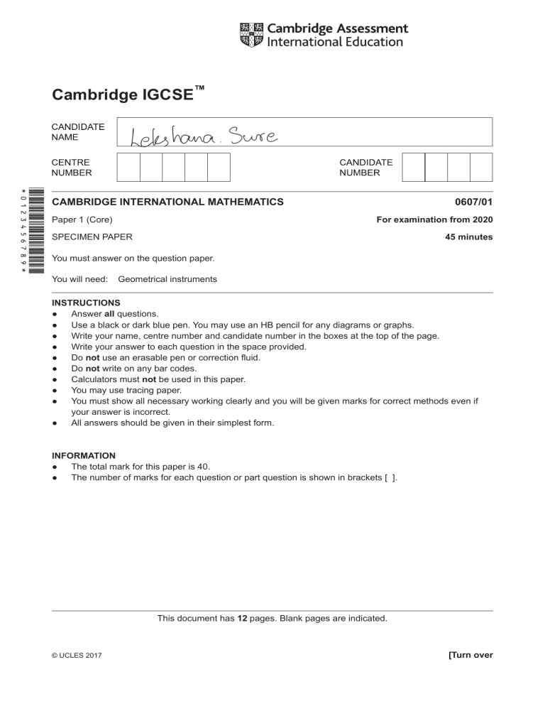 Cambridge IGCSE International Mathematics Paper 1 Core Specimen Paper