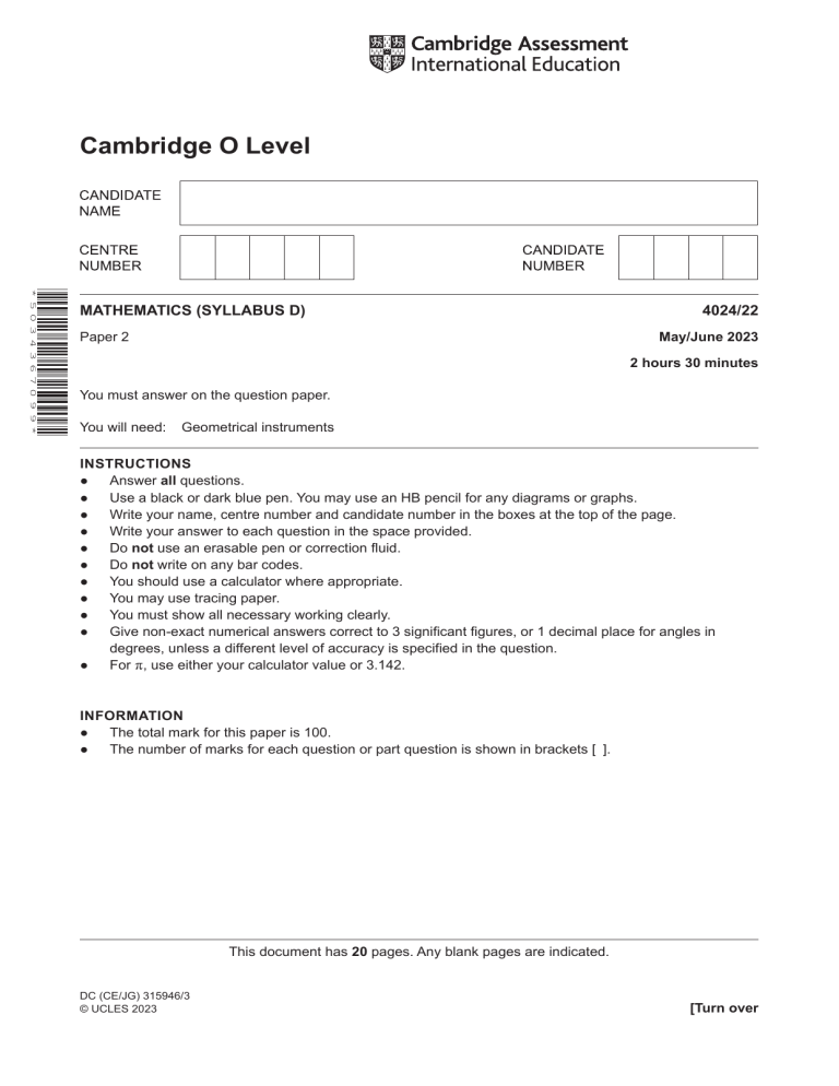 Cambridge O Level Mathematics Exam Paper 4024/22