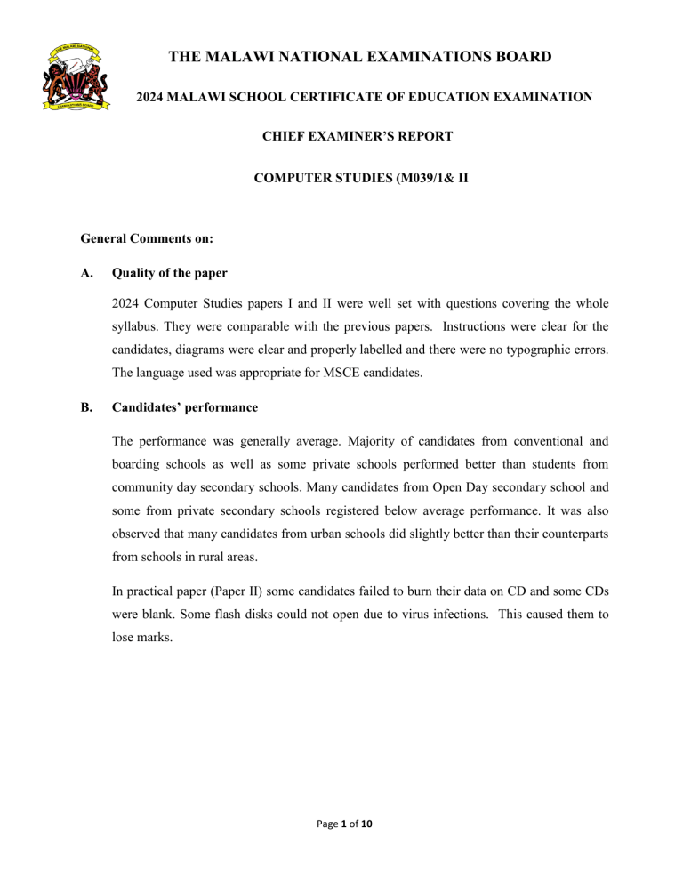 MSCE Computer Studies Examiner's Report 2024