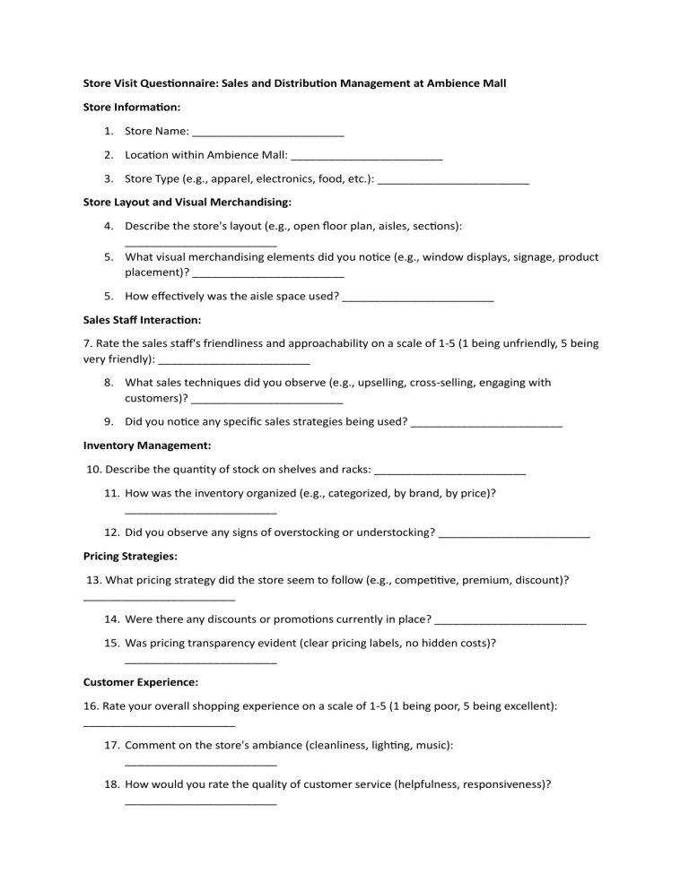 Store Visit Questionnaire: Sales & Distribution