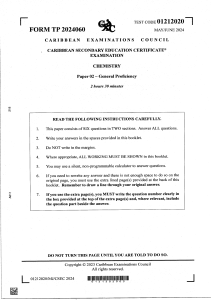 CSEC Chemistry Paper 02 Exam 2024 - General Proficiency