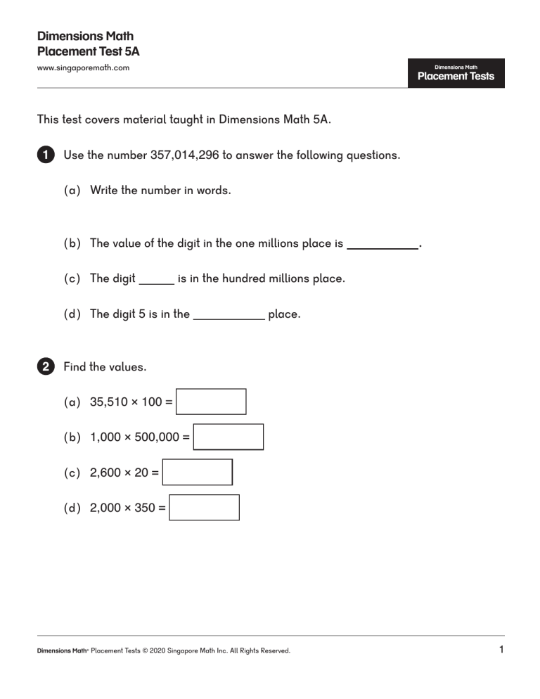 Dimensions Math 5A Placement Test - Grade 5 Math Assessment