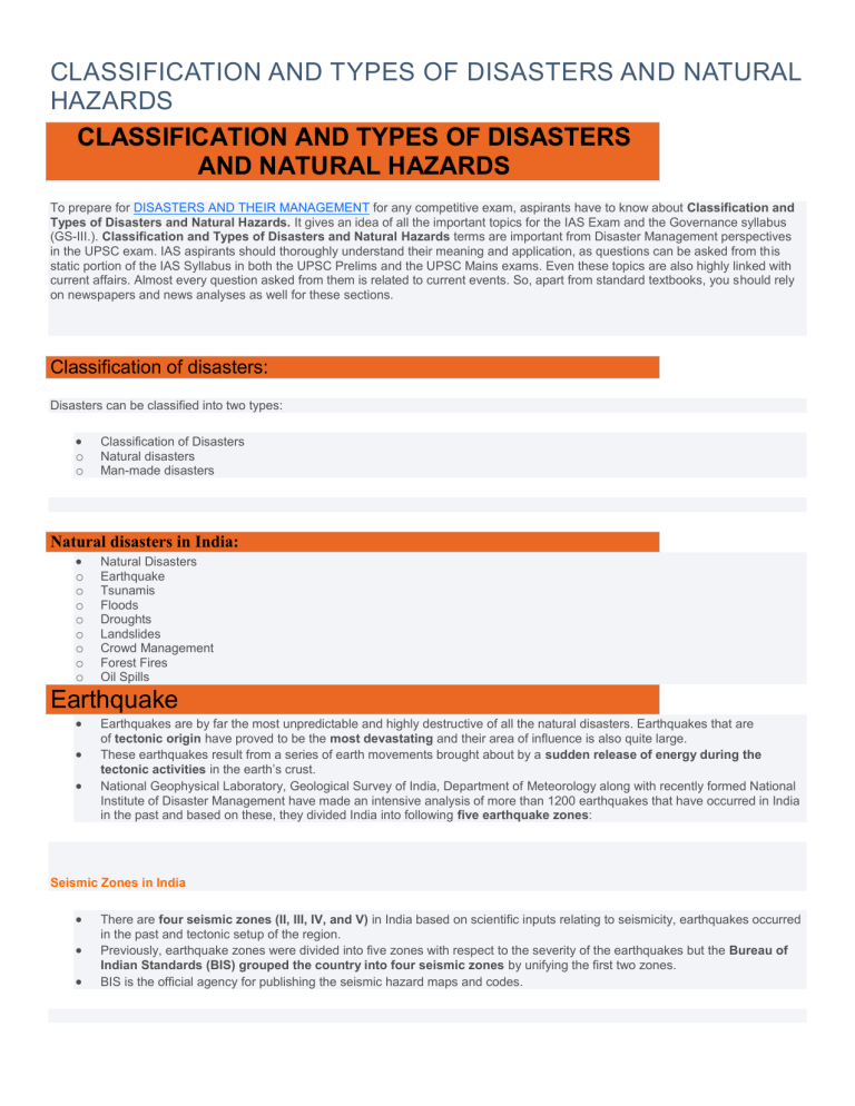 Disaster Classification & Natural Hazards: Earthquakes & Tsunamis