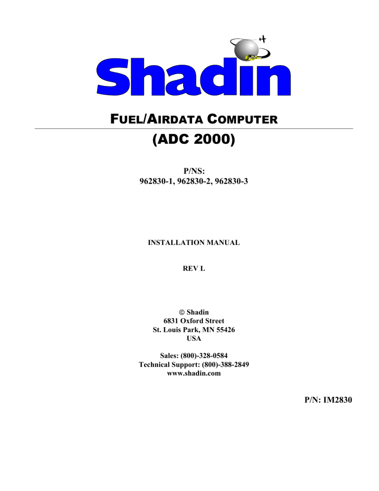 Shadin ADC 2000 Fuel/Airdata Computer Installation Manual