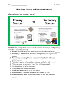 Identifying Primary & Secondary Sources Worksheet for Students