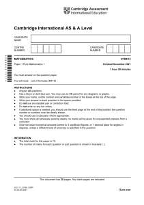 A Level Mathematics Exam Paper - Pure Mathematics 1