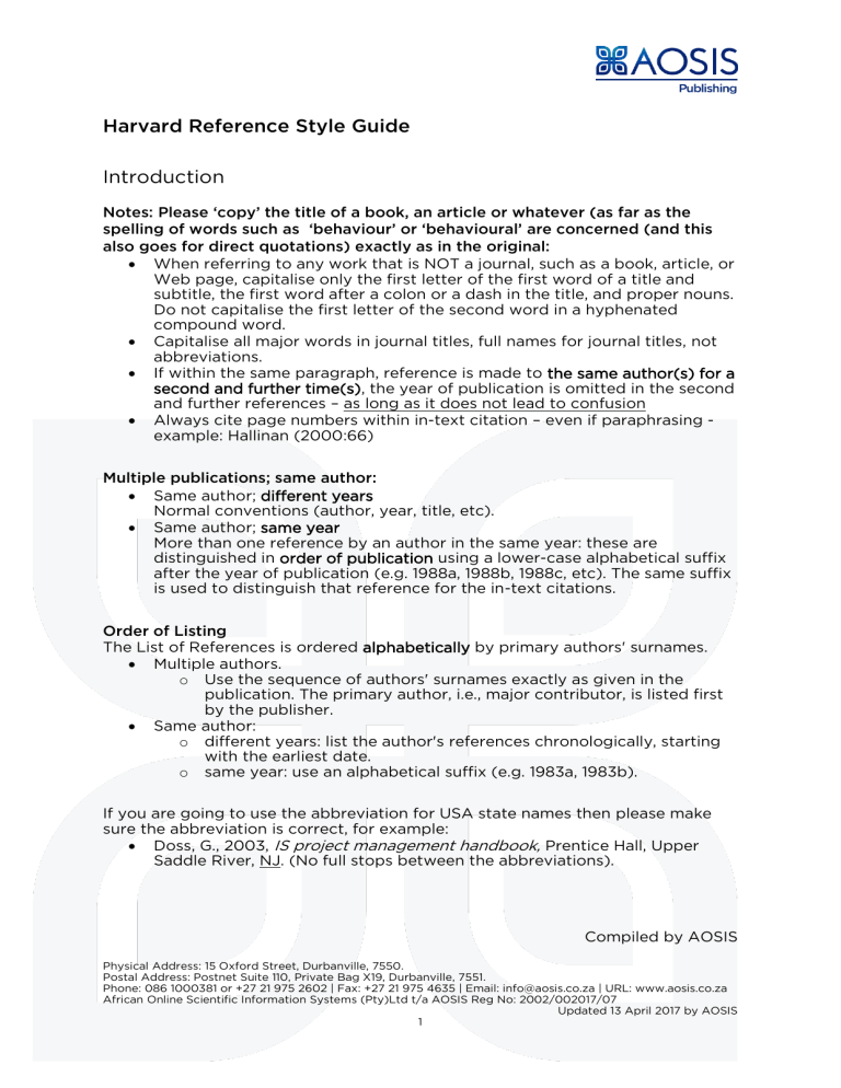 Harvard Reference Style Guide: Citing Books & Journals (AOSIS)