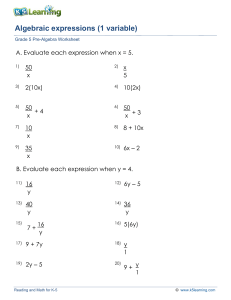 Hoja de trabajo de expresiones algebraicas - Pre-Álgebra de 5to grado