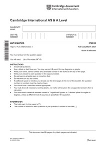 Cambridge AS & A Level Mathematics 9709/32 Pure Mathematics 3 Exam 2024