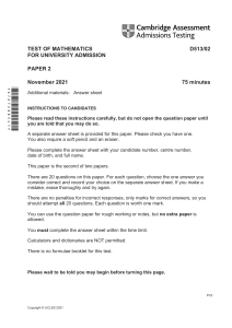 Mathematics University Admission Test Paper 2 - November 2021