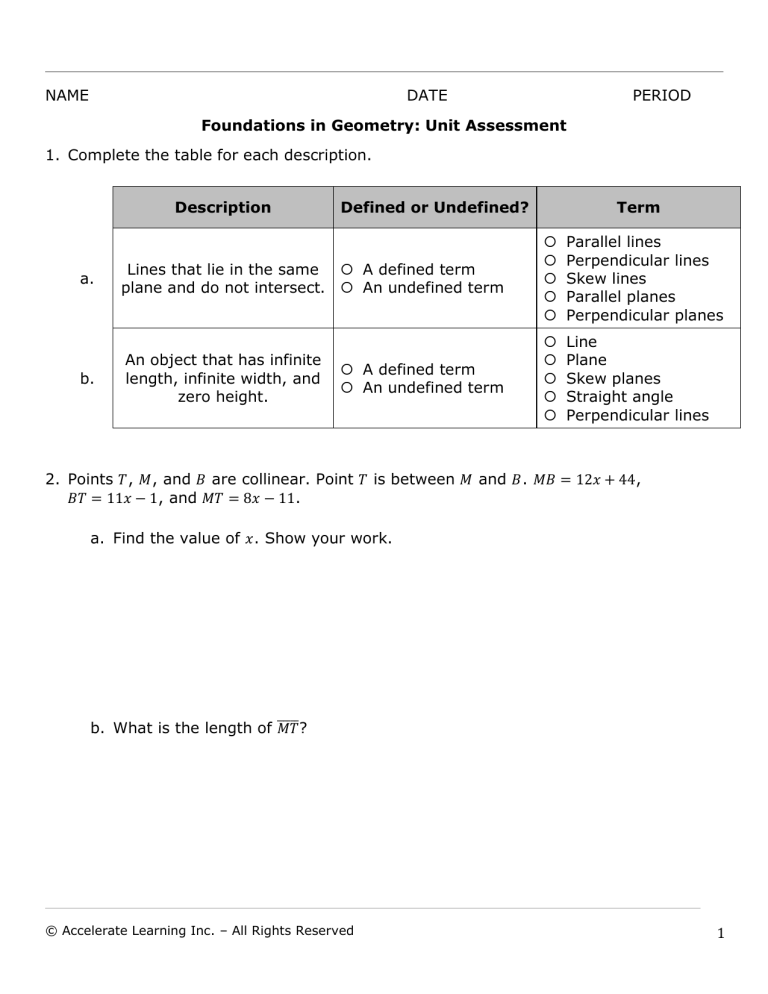 Geometry Unit Assessment: Lines, Angles, Segments