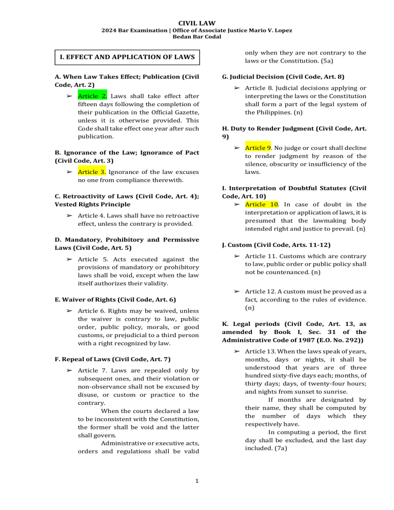 Civil Law Bar Exam Codal: Key Civil Code Articles