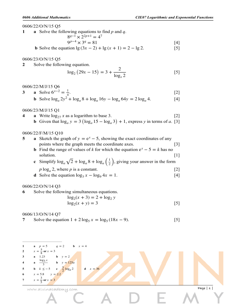 Additional Mathematics Logarithm & Exponential Exam Questions