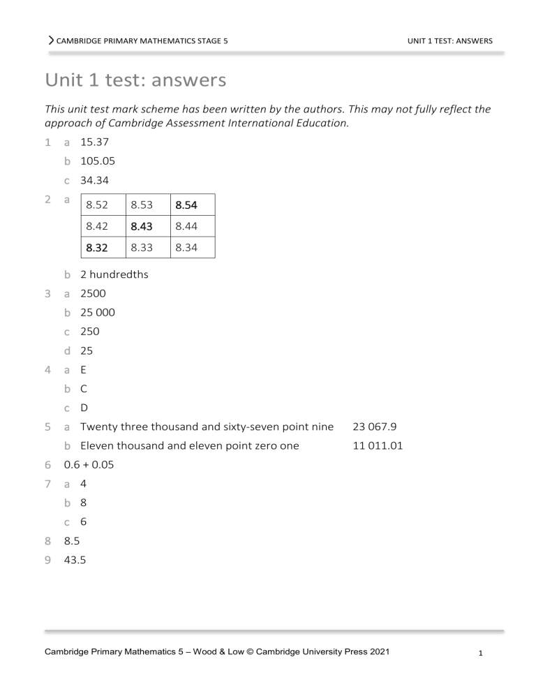 Cambridge Math Test Cambridge Primary Math Stage 5 Unit Test Answers