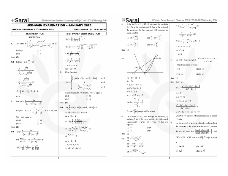 JEE Main 2025 Mathematics Test Paper with Solutions - Jan 23rd