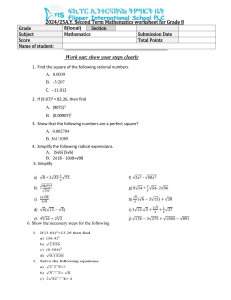 Grade 8 Math Worksheet: Squares, Radicals, Equations
