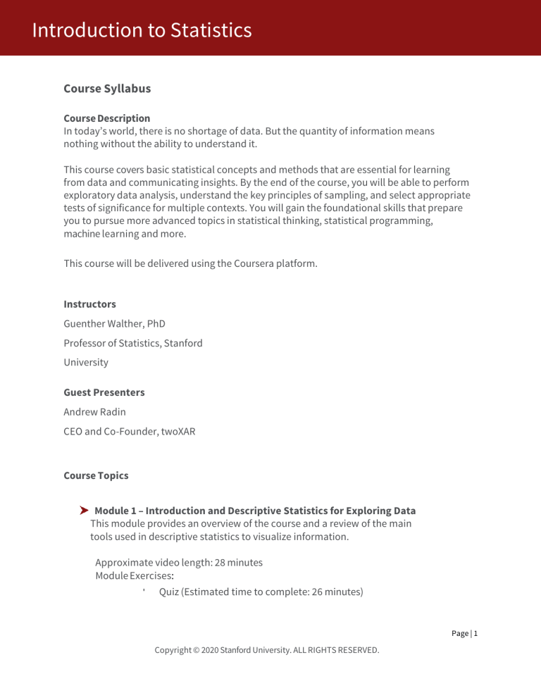 Introduction to Statistics Course Syllabus