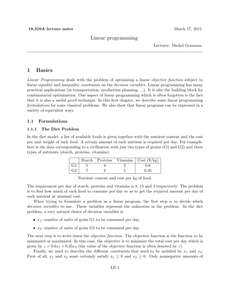 Linear Programming Lecture Notes: Formulations & Simplex Method Basics