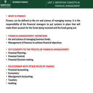 Important Concepts in Financial Management: Business Finance Unit 1