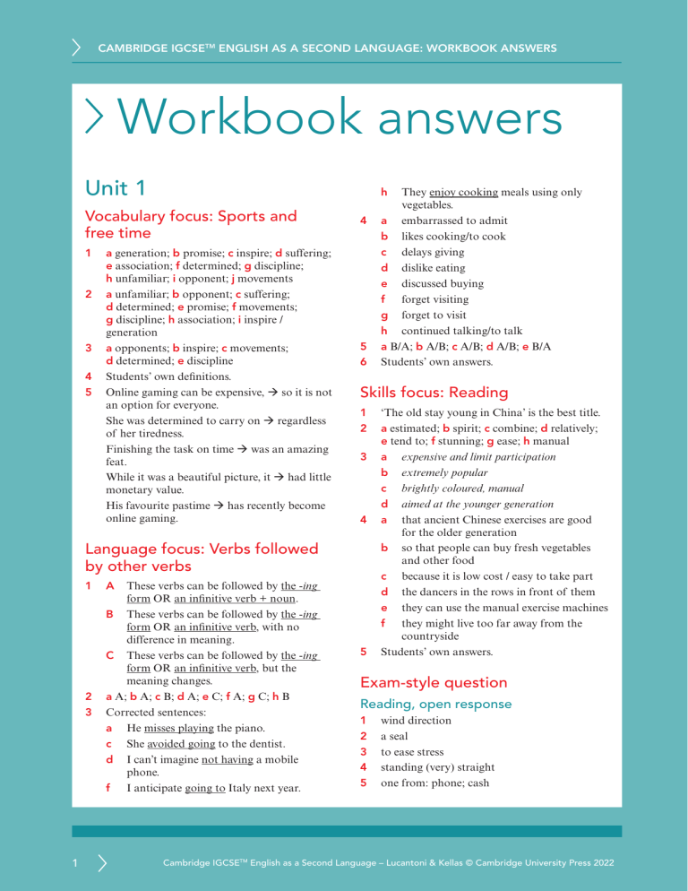 Cambridge IGCSE English as a Second Language Workbook Answers