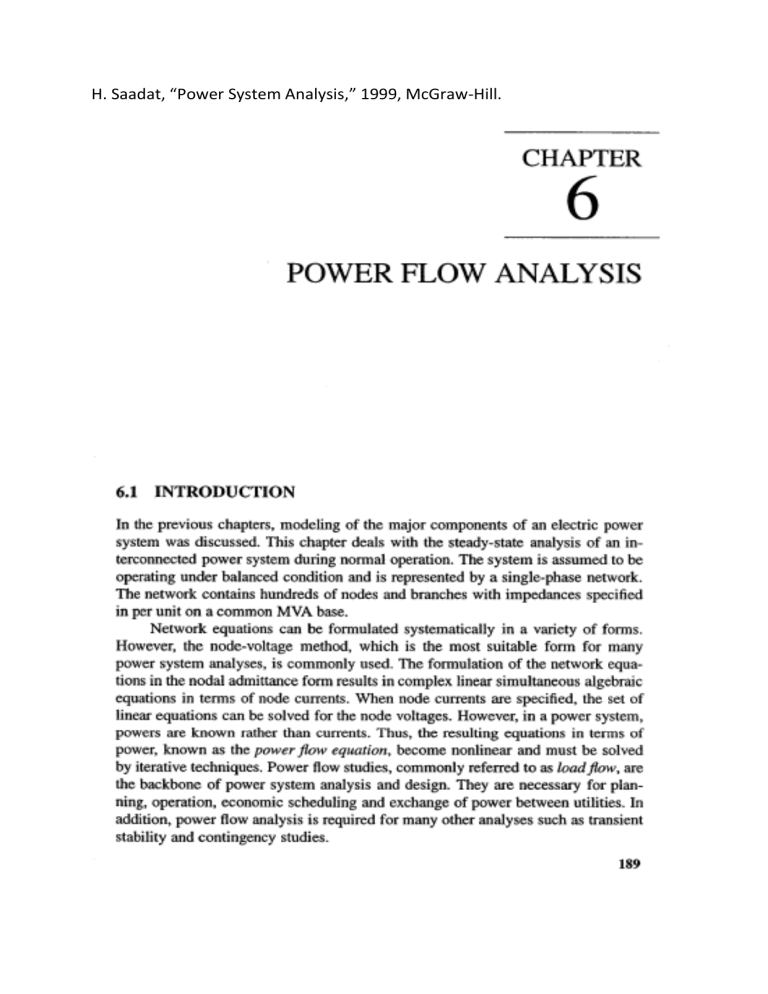 Power System Analysis: Chapter 6 - Power Flow Analysis by H. Saadat