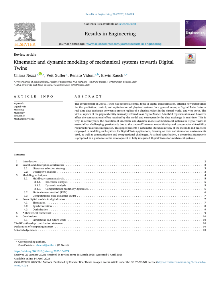 Kinematic & Dynamic Modeling for Digital Twins in Mechanical Systems