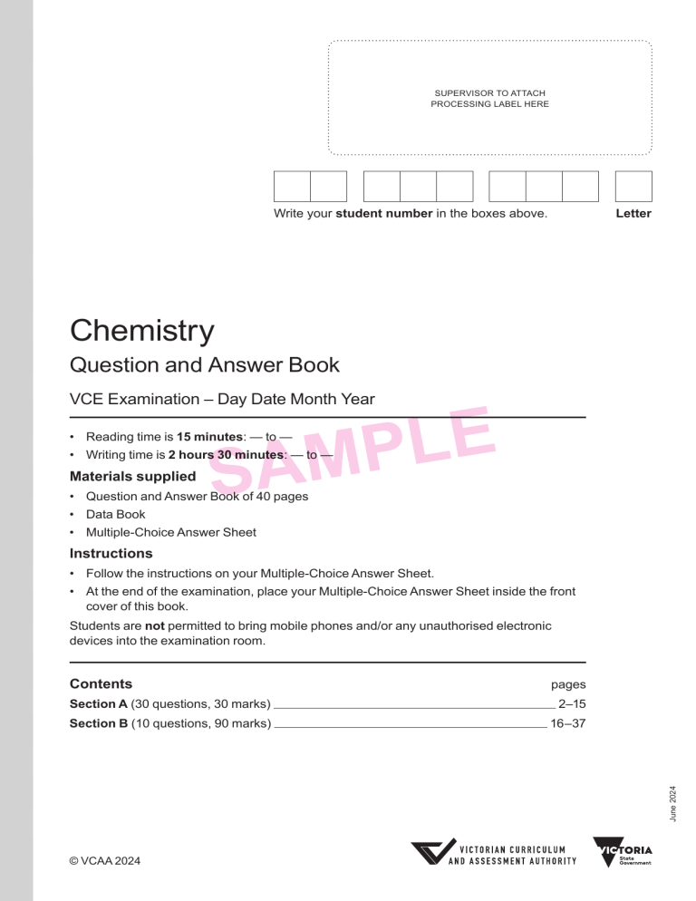 VCE Chemistry Exam: Question & Answer Book (June 2024)