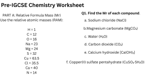 Pre-IGCSE Chemistry Worksheet: Relative Formula Mass & Percentage Composition