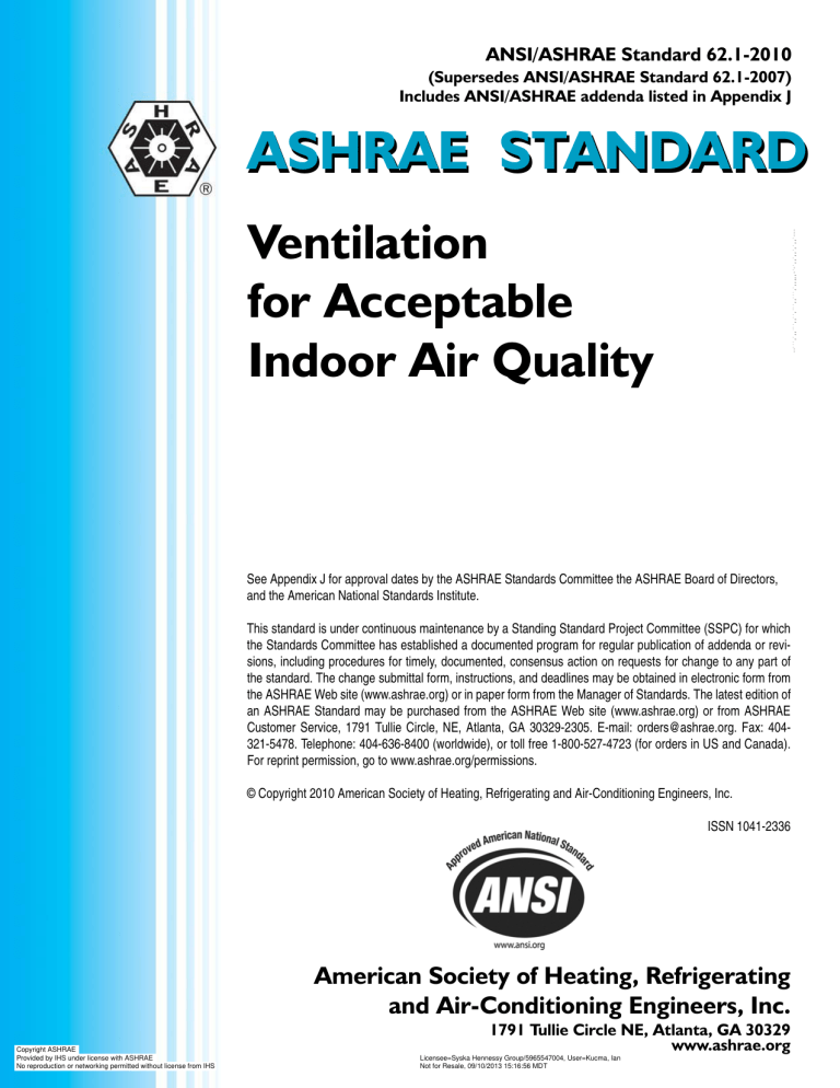 ASHRAE 62.1-2010: Ventilation for Indoor Air Quality Standard