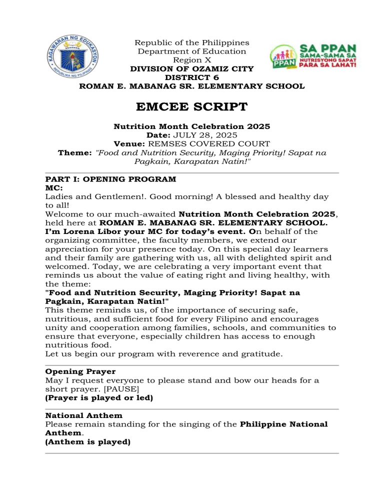 Nutrition Month Program Script Nutrition Month Celebration 2025 EMCEE Script - Elementary School