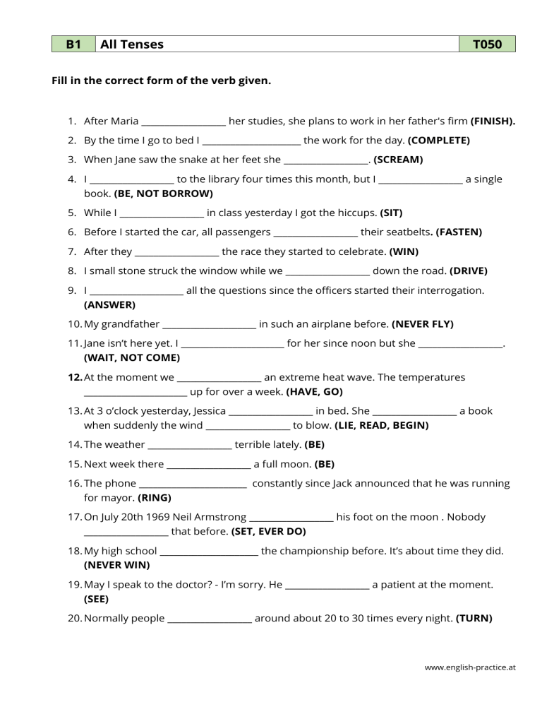 English B1 Verb Tenses Exercise Worksheet With Answers English B1 Verb Tenses Exercise Worksheet With Answers