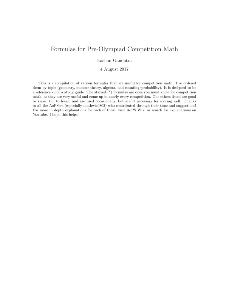 Pre-Olympiad Competition Math Formulas