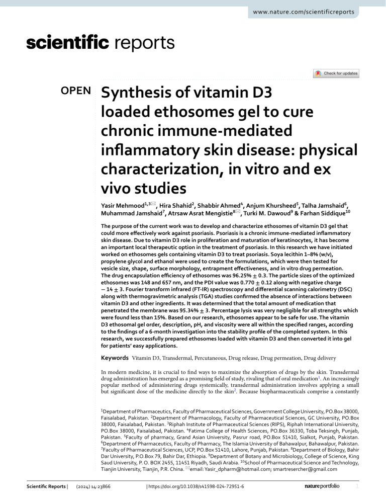 Vitamin D3 Ethosomes Gel for Psoriasis Treatment