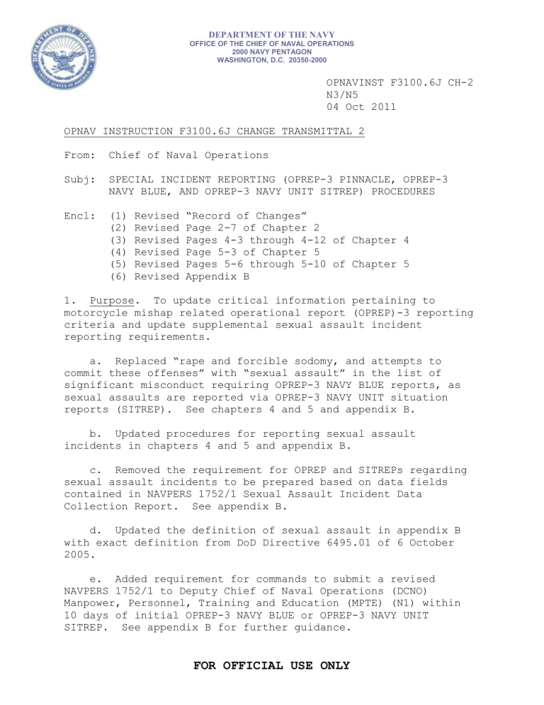 US Navy Special Incident Reporting Procedures Update - OPREP-3 (2011)
