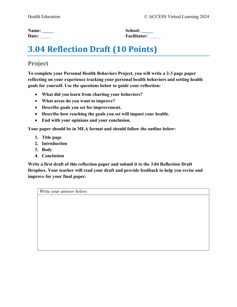 Health Education: Personal Health Behaviors Reflection Draft