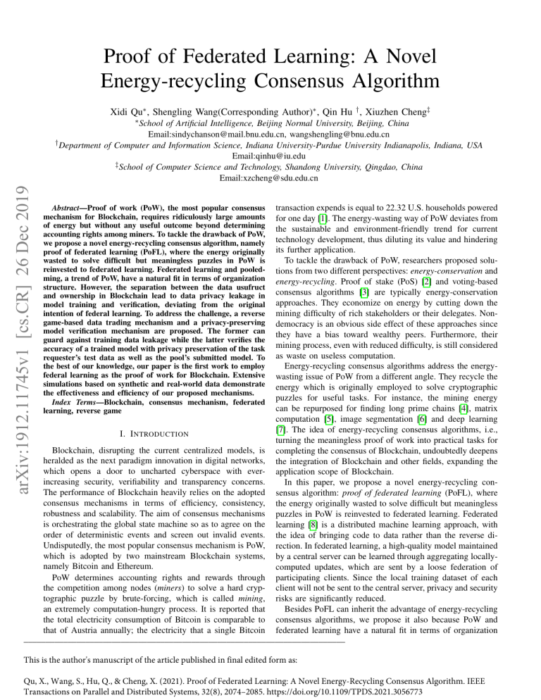 Proof of Federated Learning: Energy-Recycling Blockchain Consensus