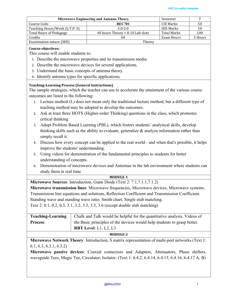 Microwave Engineering & Antenna Theory: Course Syllabus BEC701